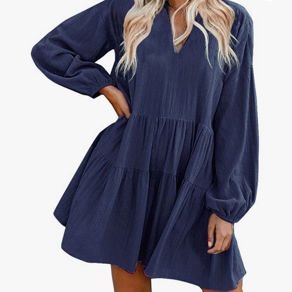 Women’s Shift Dress Bell Sleeve V-Neck Loose Dress with Pockets